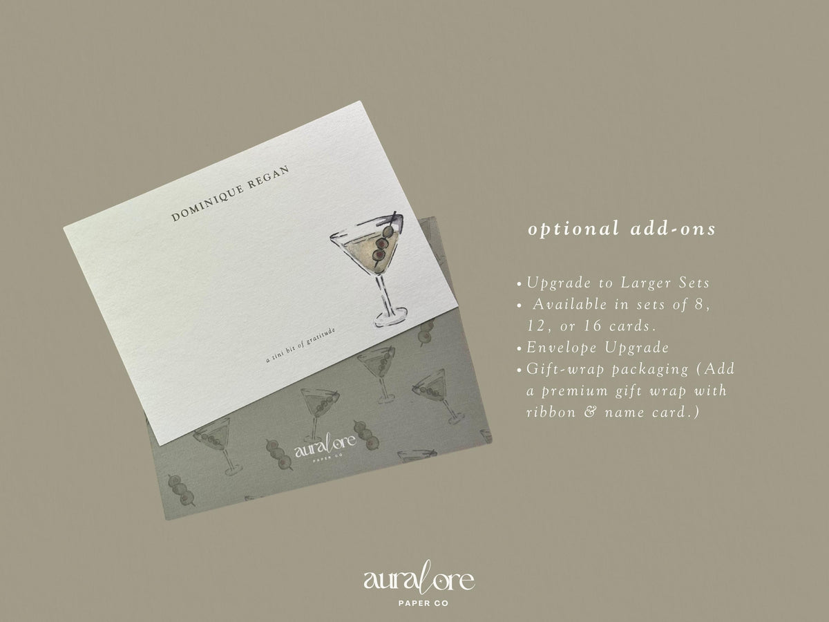 Watercolor Martini Note Card Set • Personalized Stationery for Hostess Gifts & Desk Notes